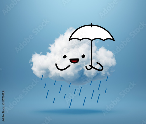 3d render, kawaii cloud character with umbrella, mascot isolated on blue background. Happy emotion. Cute illustration. Facial expression. Shy little guy looking at camera. Weather forecast rain icon