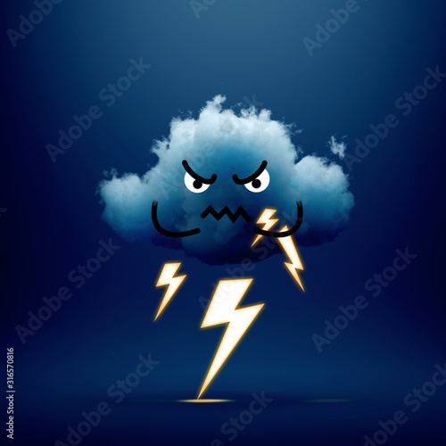 3d render, grumpy cloud cartoon character, thunder concept, throw lightning, bolt. Angry emotion. Mascot isolated on dark blue background. Stormy sky weather forecast icon. Funny kawaii illustration.
