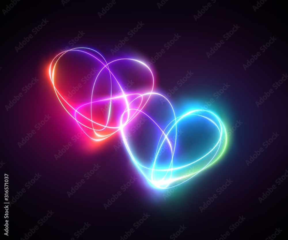 pink blue neon light drawing, couple of hearts, romantic symbols, abstract doodles isolated on black background. Glowing single line art. Modern minimal concept. Festive illustration for Valentine day - obrazy, fototapety, plakaty 
