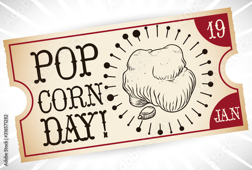 Ticket Good for Corn Popped during Popcorn Day Celebration, Vector Illustration