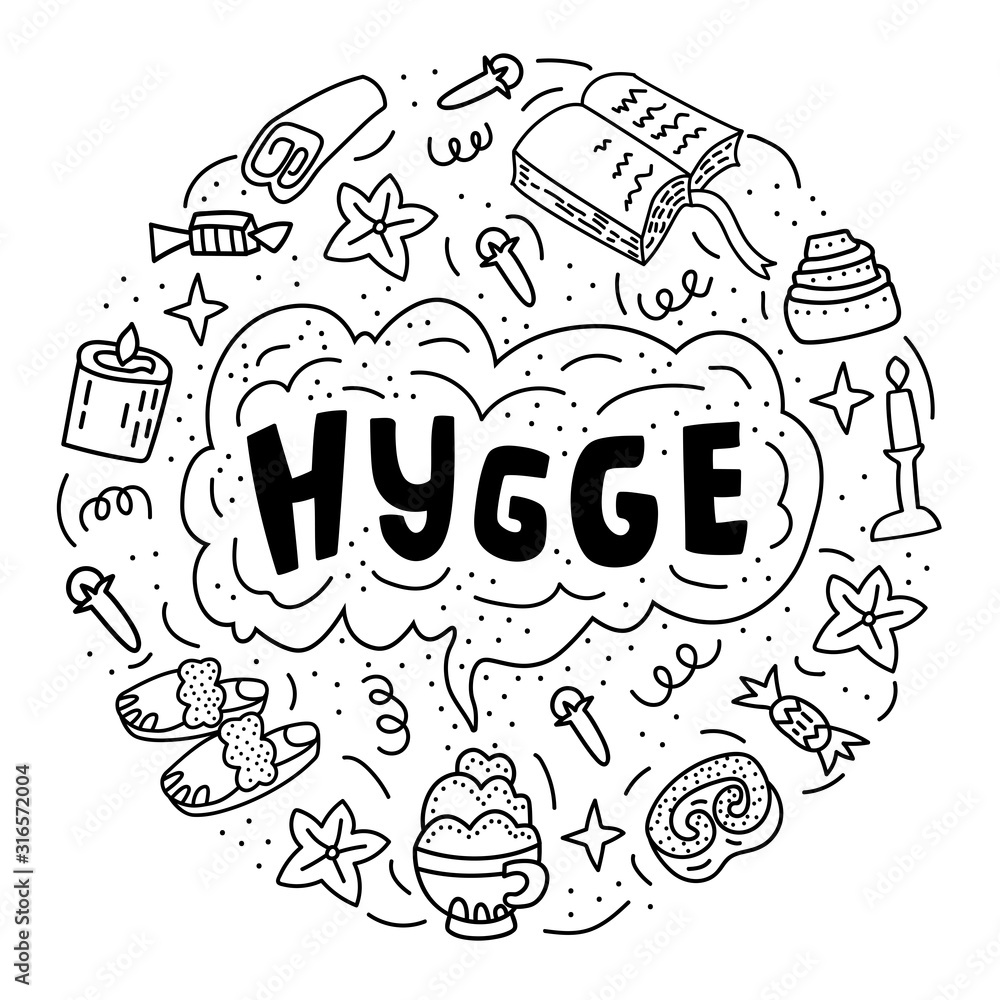 Fototapeta premium Vector illustration in doodle style with Hygge lettering and painted things that create coziness. For poster, postcard, print on fabric.