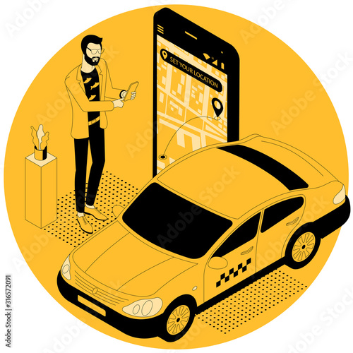 Flat design isometric online taxi car order template for online service mobile application, web site and banner. Young man with smartphone orders taxi using mobile application.