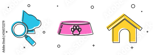 Set Veterinary clinic symbol, Pet food bowl for cat or dog and Dog house icon. Vector