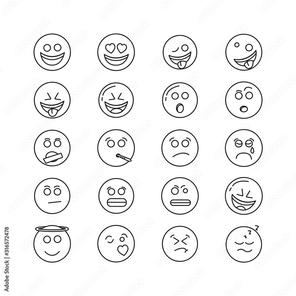set of vector line emoticons set of vector line emoticons