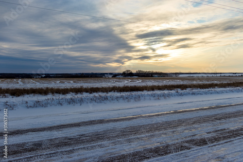View of the frozen prairies in Saskatchewan Canada
