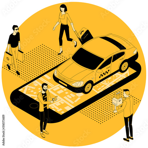 Flat design isometric online taxi car order template for online service mobile application, web site and banner. People with smartphones order taxi using mobile application.