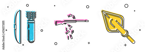 Set Bow and arrow in quiver, Gun shooting and Hipster arrow tip icon. Vector