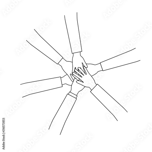 A simple concept people put hand in hand for each other for a new construction project, teamwork, hold hands to celebrate the success of the finish line. Minimal flat black line outline icon. 