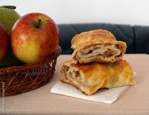 Natural, organic and traditional healthy homemade food. Homemade strudel cake made from organic and natural pesticide free old variety of apples