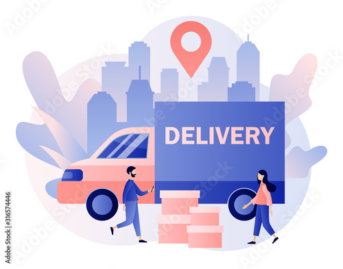 Online delivery service concept. Order tracking. Tiny people are couriers and customers. Modern flat cartoon style. Vector illustration on white background
