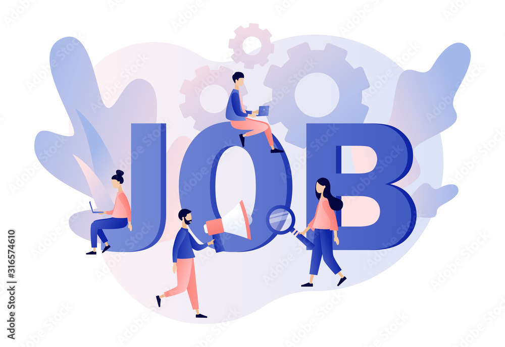 Job hiring and job search concept. Headhunting. Tiny people interviewed for job. We are Hiring. Modern flat cartoon style. Vector illustration on white background Job hiring and job search concept. Headhunting. Tiny people interviewed for job. We are Hiring. Modern flat cartoon style. Vector illustration on white background