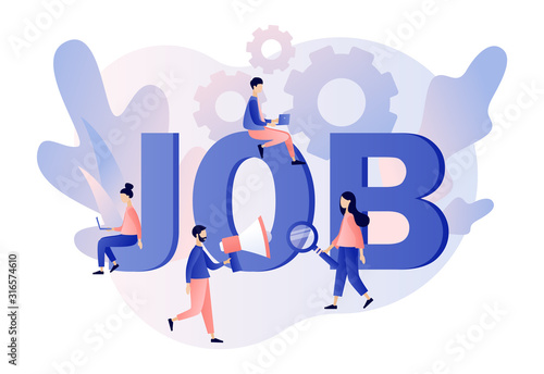 Job hiring and job search concept. Headhunting. Tiny people interviewed for job. We are Hiring. Modern flat cartoon style. Vector illustration on white background
