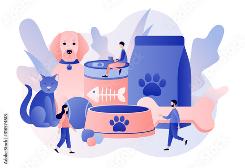Pet services, pets care services. Pet shop. Tiny people and Pets Concept. Modern flat cartoon style. Vector illustration on white background