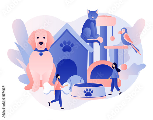 Pet services, pets care services. Pet shop. Tiny people and Pets Concept. Pet hotel, daycare, veterinary service. Modern flat cartoon style. Vector illustration on white background