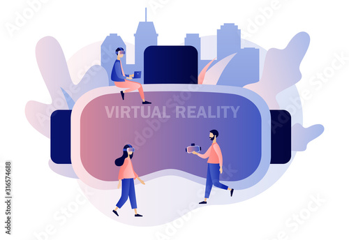 Virtual reality concept. Tiny people using virtual reality glasses and big glasses on background. VR cyberspace. Modern flat cartoon style. Vector illustration on white background