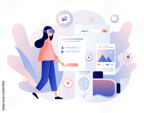 Virtual reality concept. Tiny girl using virtual reality glasses. VR cyberspace. Modern flat cartoon style. Vector illustration on white background