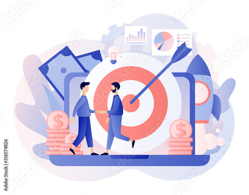 Online business concept. Tiny people conclusion of the transaction. The opening of a new startup. Global cooperation on the Internet. Modern flat cartoon style. Vector illustration on white background