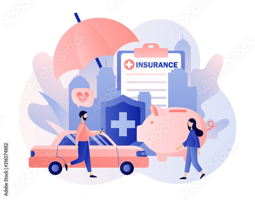 Insurance concept. Property and health insurance. Healthcare, finance and medical service. Modern flat cartoon style. Vector illustration on white background