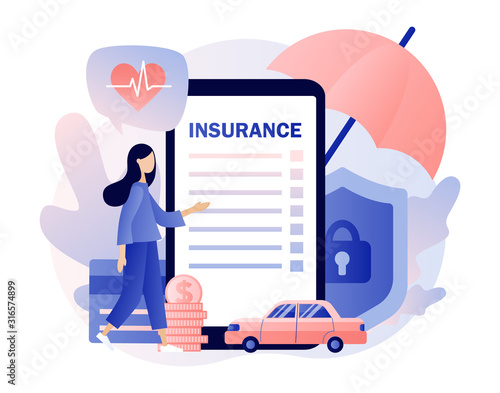 Insurance concept. Property and health insurance. Healthcare, finance and medical service. Modern flat cartoon style. Vector illustration on white background