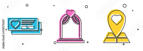 Set Ticket with heart, Wedding arch and Map pointer with heart icon. Vector