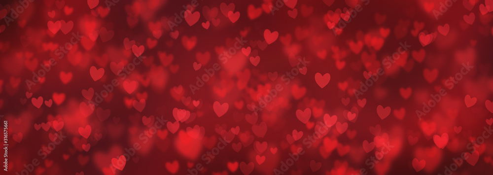 Red Hearts Abstract Background. Happy Valentine's Day Banner. Hearts bokeh. Love pattern. Red Christmas - obrazy, fototapety, plakaty 