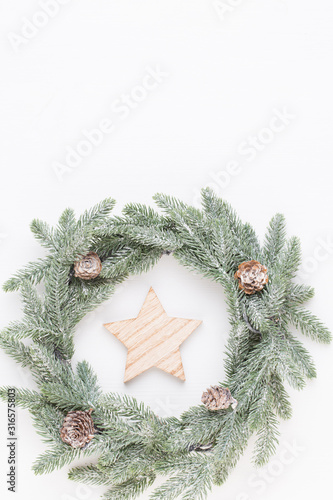 Christmas wreath. Christmas decorations on white background. Flat lay, top view