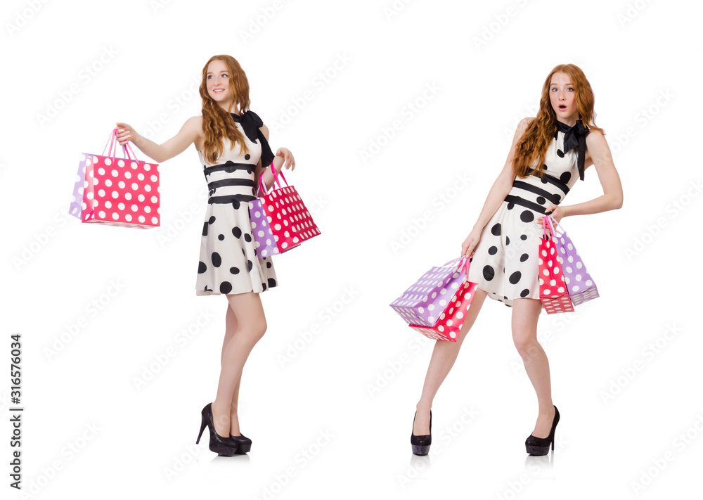 Young woman with shopping bags on white Young woman with shopping bags on white