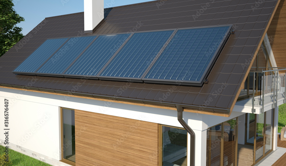 Fototapeta premium Solar panels on the roof, 3D illustration