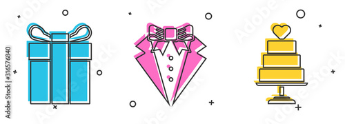 Set Gift box, Suit and Wedding cake with heart icon. Vector