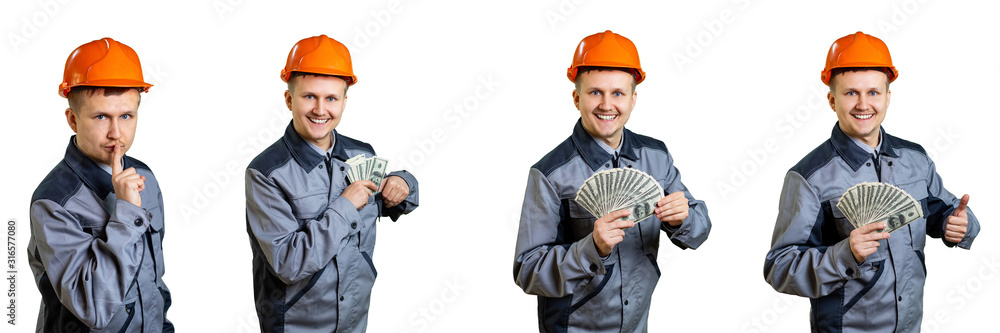 Builder earn money, repairman holds cash, fan made out of banknotes in hand. Man in helmet got salary, money for work. Handyman in isolated background. Builder earn money, repairman holds cash, fan made out of banknotes in hand. Man in helmet got salary, money for work. Handyman in isolated background.
