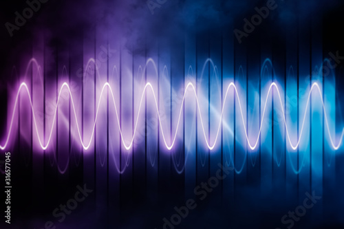 Audio signal or soundwave glowing neon abstract background or backdrop futuristic illustration . Technology, sound and music graphic concepts. photo