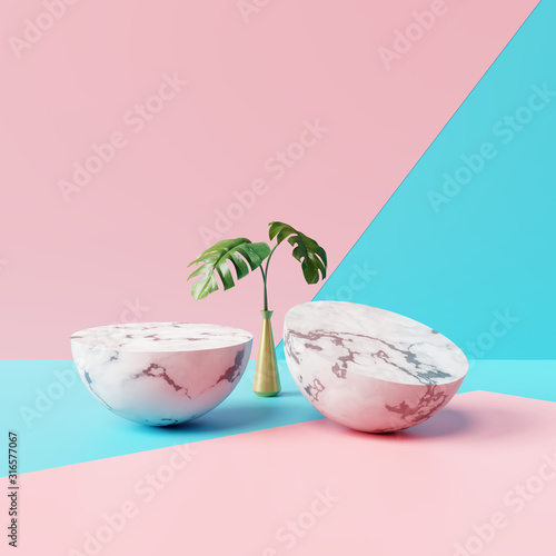 Half circle marble with tropical plants monstera leave on colorful background...