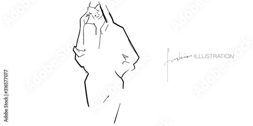 Young stylish woman, model. Fashion illustration in sketch style. Vector