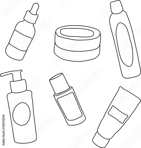 Hand drawn cosmetic icons. Doodle spa set on white background. Vector illustration with bathroom things. Shampoo, oil, lotion, cream, serum, peeling, hydrophilic oil, benzoyl peroxide