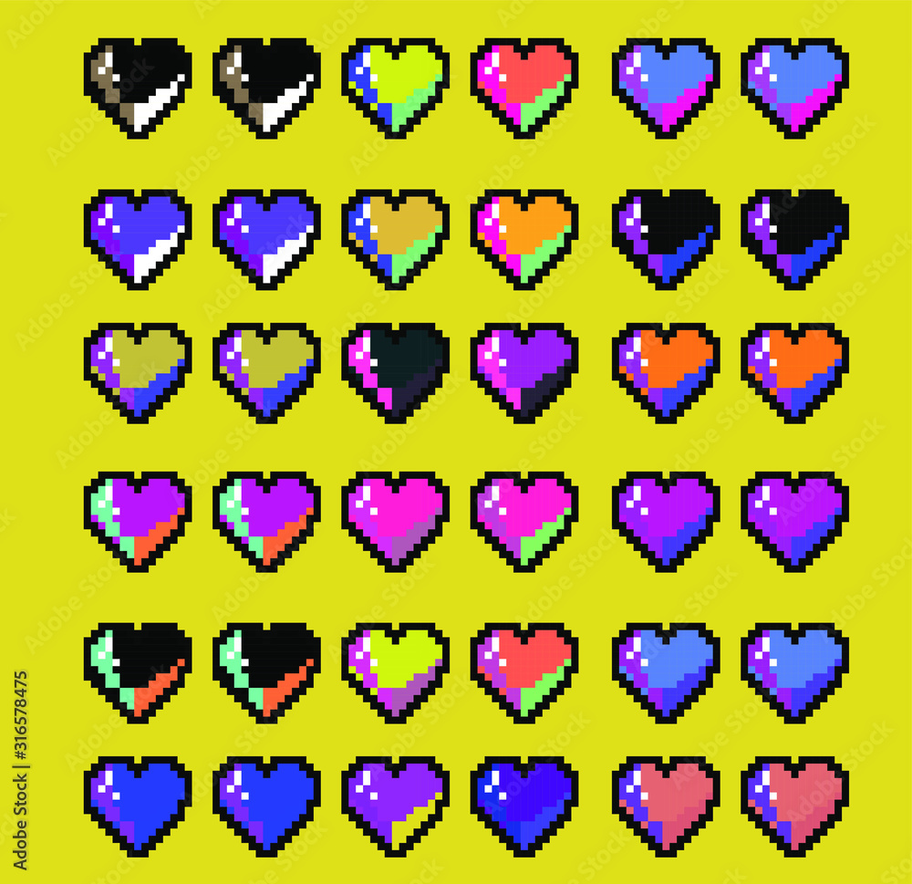 Pattern made of pixelated hearts like in old 8-bit arcade video game. Vaporwave and retrowave style illustration for print design. Pattern made of pixelated hearts like in old 8-bit arcade video game. Vaporwave and retrowave style illustration for print design.