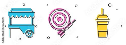 Set Fast street food cart with awning, Classic dart board and arrow and Paper glass with drinking straw and water icon. Vector