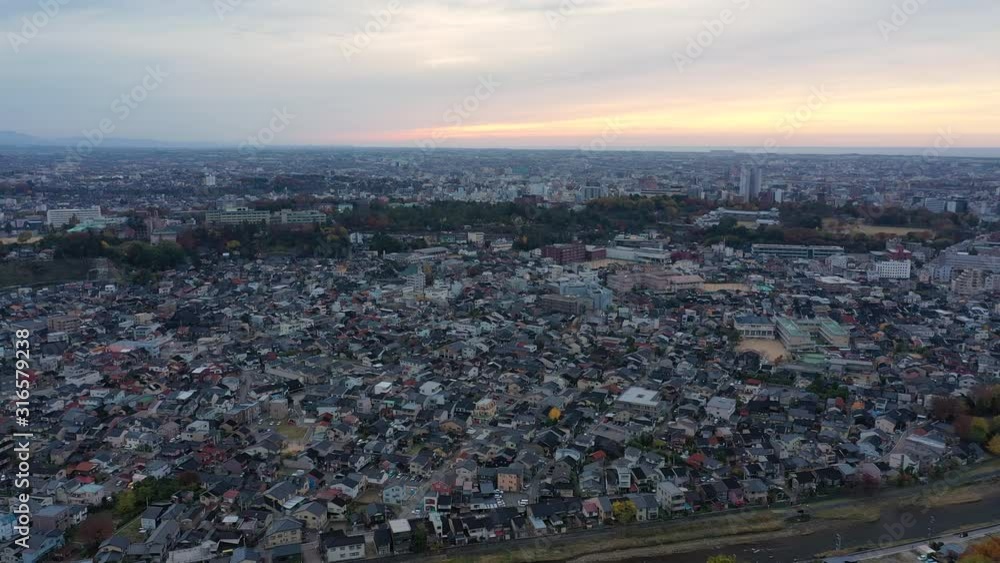 Aerial view of cityscape of Kanazawa, capital city of Ishikawa Prefecture in autumn - landscape panorama of Japan from above, Asia Aerial view of cityscape of Kanazawa, capital city of Ishikawa Prefecture in autumn - landscape panorama of Japan from above, Asia