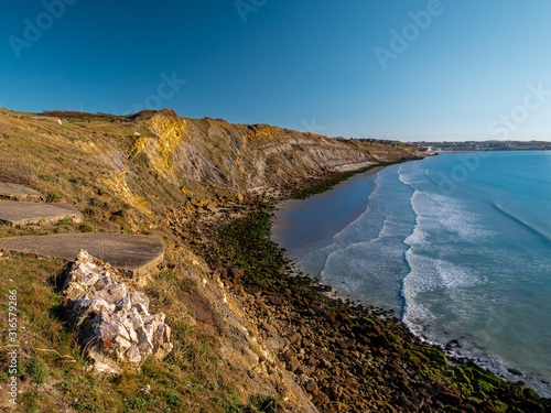 Elevated view of  a cliff at the french coast between Wimereux and Boulogne-sur-Mer just prior sunset