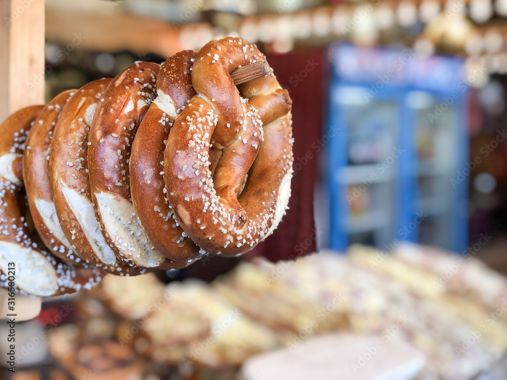 traditional pretzel bagels in a noel market