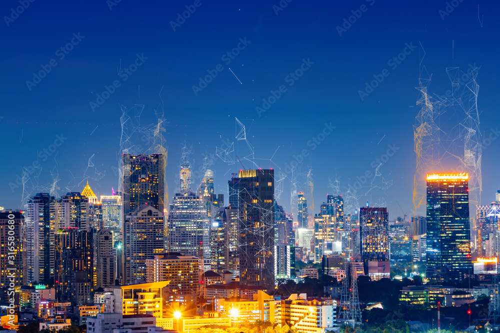 Obraz premium Smart city and wireless communication network new technology concept.