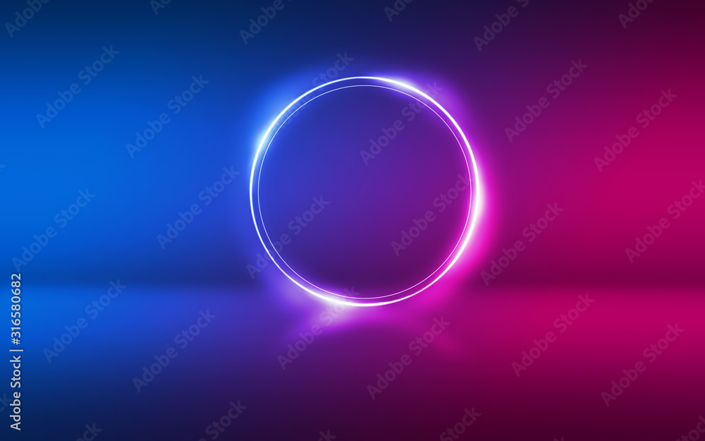 Abstract dark background with blue and pink neon glow. Neon luminous figure in the center of the stage. Abstract dark background with blue and pink neon glow. Neon luminous figure in the center of the stage.