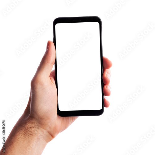 Man holding smartphone with empty screen isolated on white background. Male hand with phone, space for text