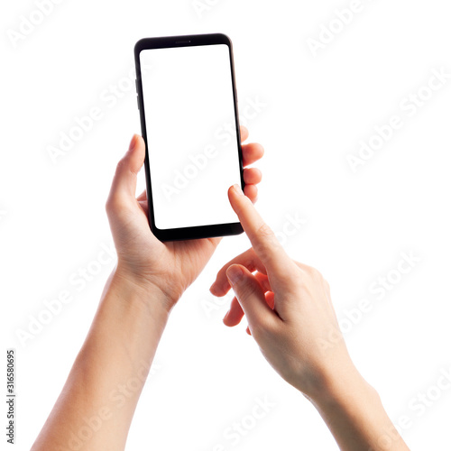 Woman holding smartphone with empty screen isolated on white background. Female hands touching screen, space for text