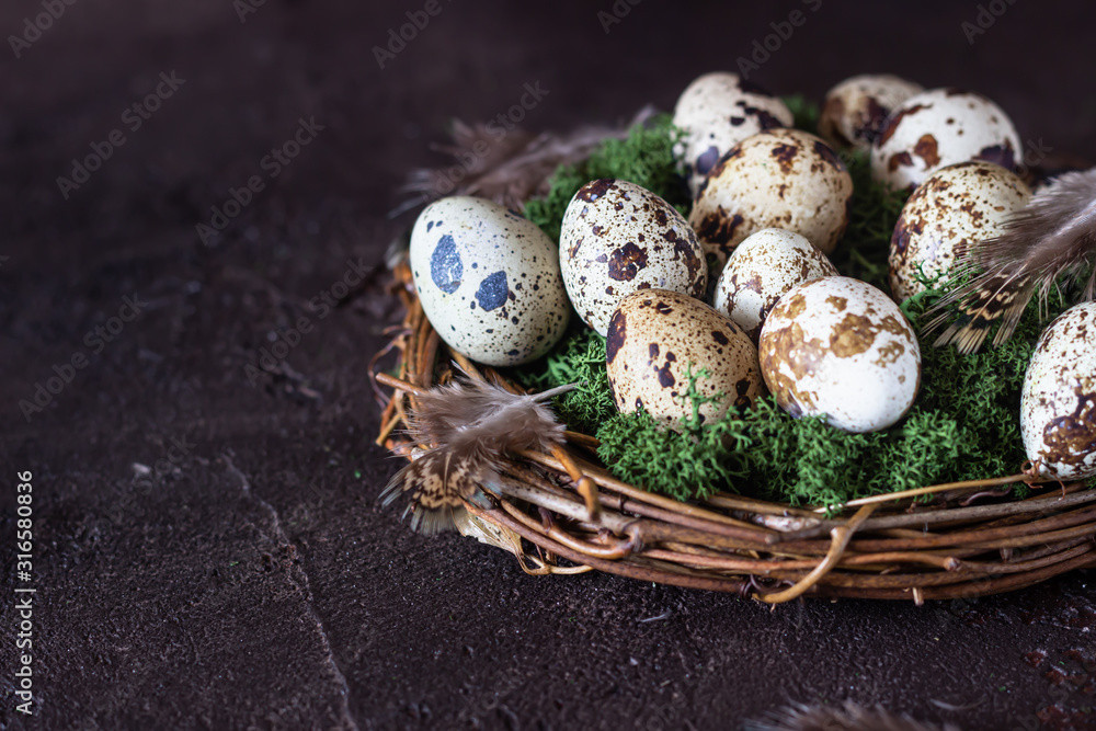 Alternative Easter background with small nest and quail on dark brown stone background. Eco friendly Easter, zero waste. Alternative Easter background with small nest and quail on dark brown stone background. Eco friendly Easter, zero waste.