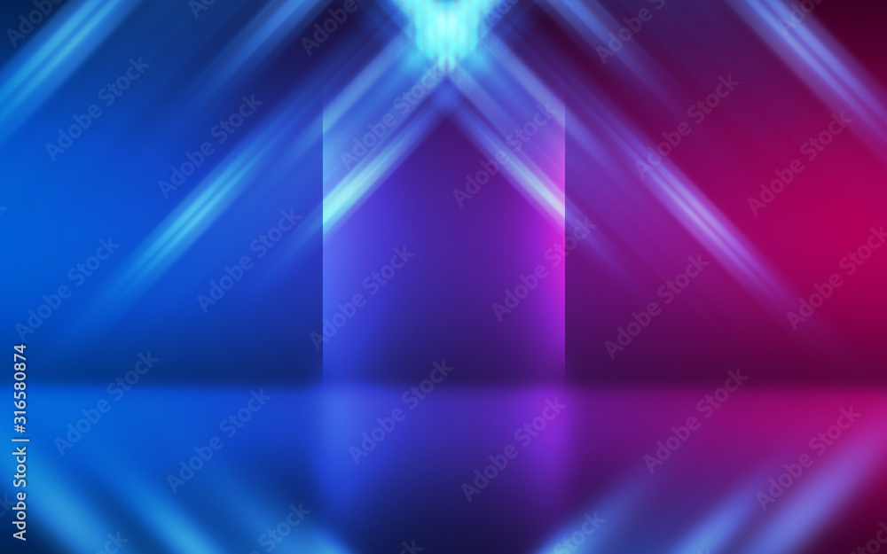 Abstract dark background with blue and pink neon glow. Neon luminous figure in the center of the stage. Abstract dark background with blue and pink neon glow. Neon luminous figure in the center of the stage.