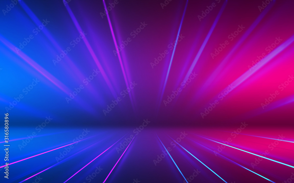 Abstract dark background with blue and pink neon glow. Neon luminous figure in the center of the stage. Abstract dark background with blue and pink neon glow. Neon luminous figure in the center of the stage.