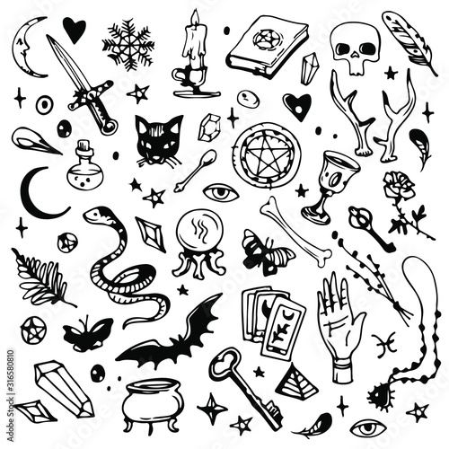 Magic, occult and witchcraft things. Skull, book, crystals, tarot, hand, black cat. Ink drawn doodle set, black and white line art.