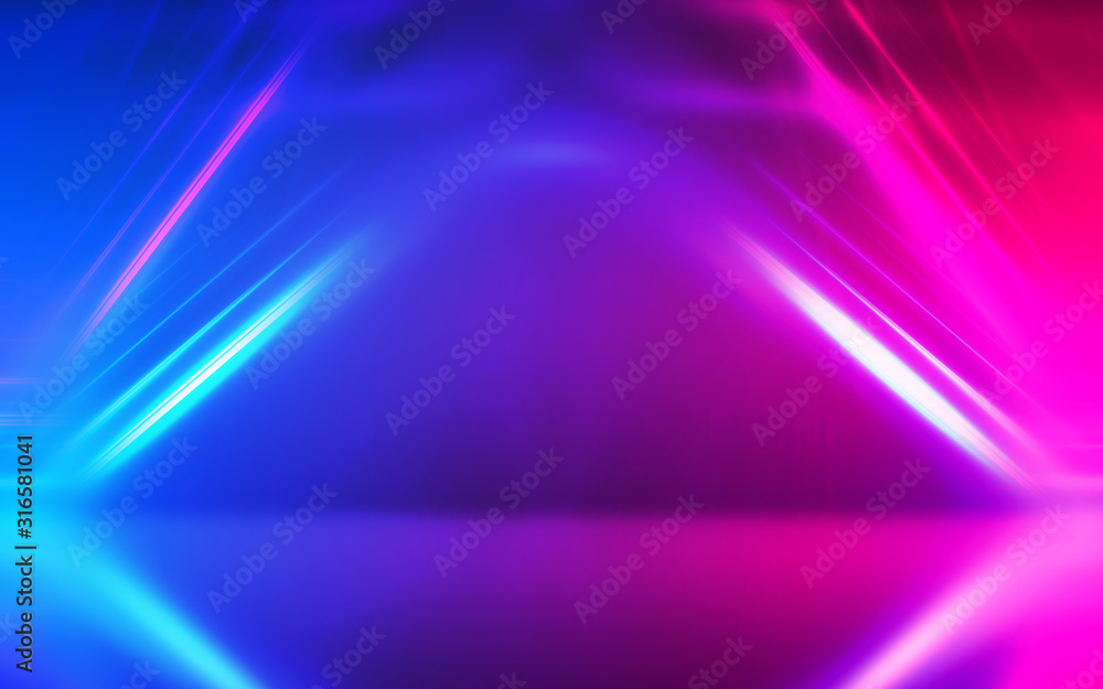 Abstract dark background with blue and pink neon glow. Neon luminous figure in the center of the stage.
