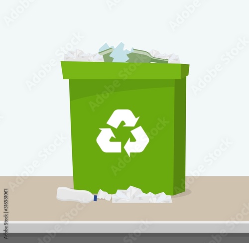 Container with waste. Recycling and sorting garbage. Green trash bin with recycling symbol. Bin full of garbage. Vector illustration.