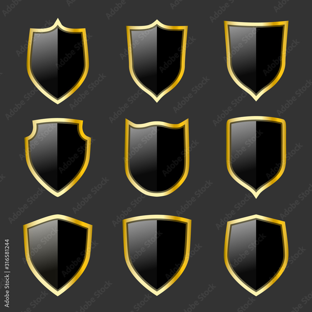 Black and gold shields set. Protection emblems. Security symbols Black and gold shields set. Protection emblems. Security symbols